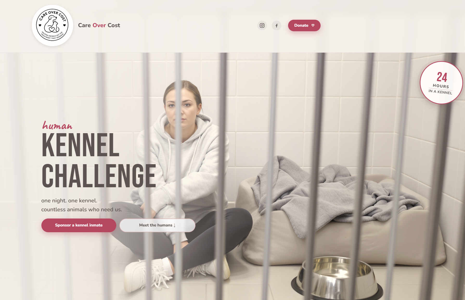 Care Over Cost charity website featuring the Human Kennel Challenge