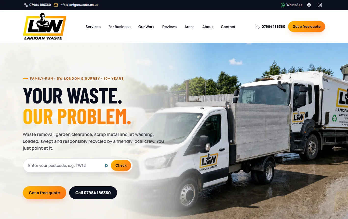 Lanigan Waste website homepage showing its branded collection vehicles